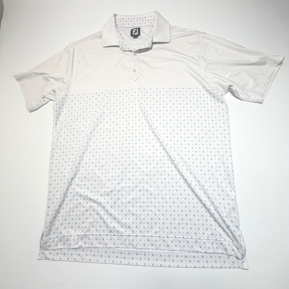 FootJoy FJ Men's Performance Golf Polo Shirt White & Blue Micro Cross Size Large